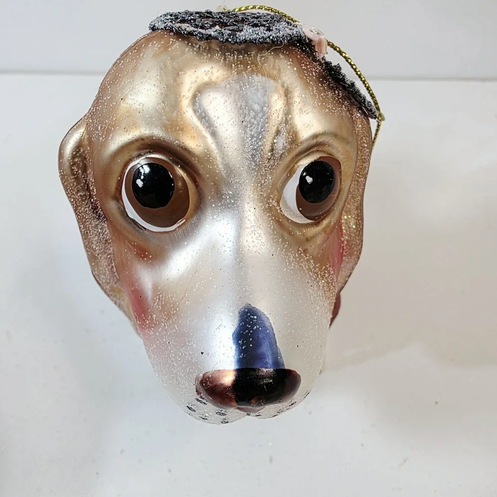 Blown Glass Hound Dog Dressed in Sequins Pink Skirt Glitter Christmas Ornament
